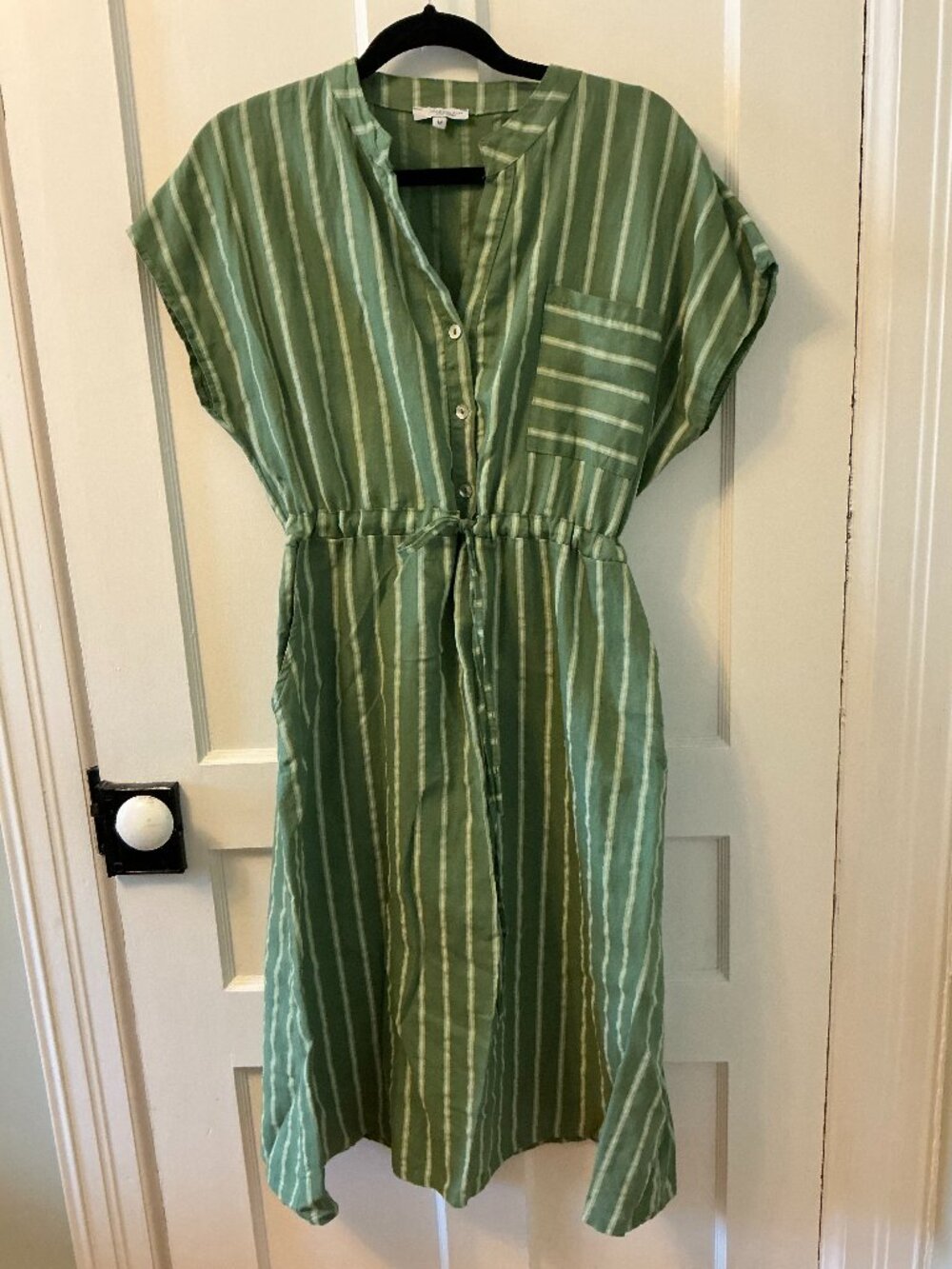 Green Cotton Linen Striped Midi Dress with Tie Waist